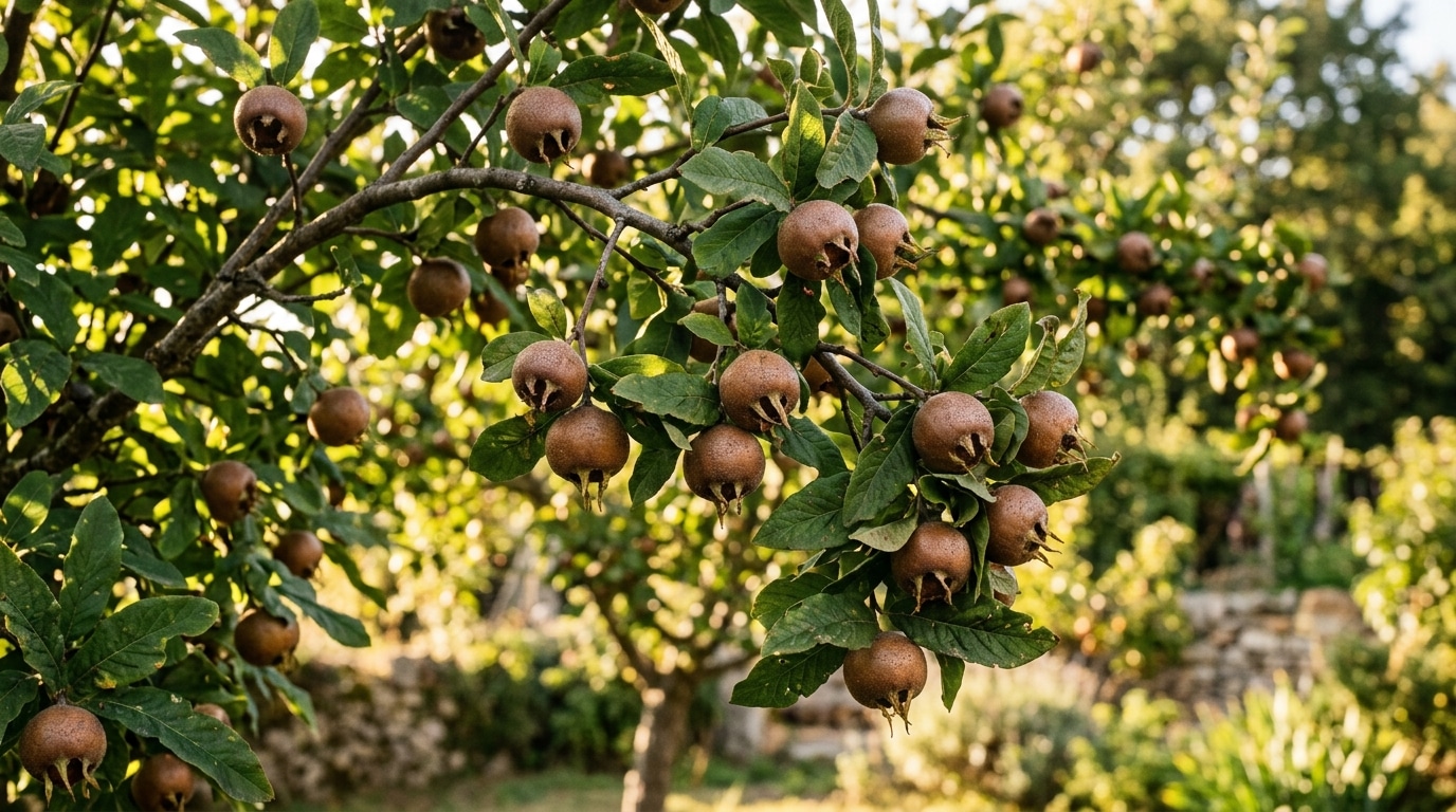 Branche de néflier chargée de fruits bruns en été