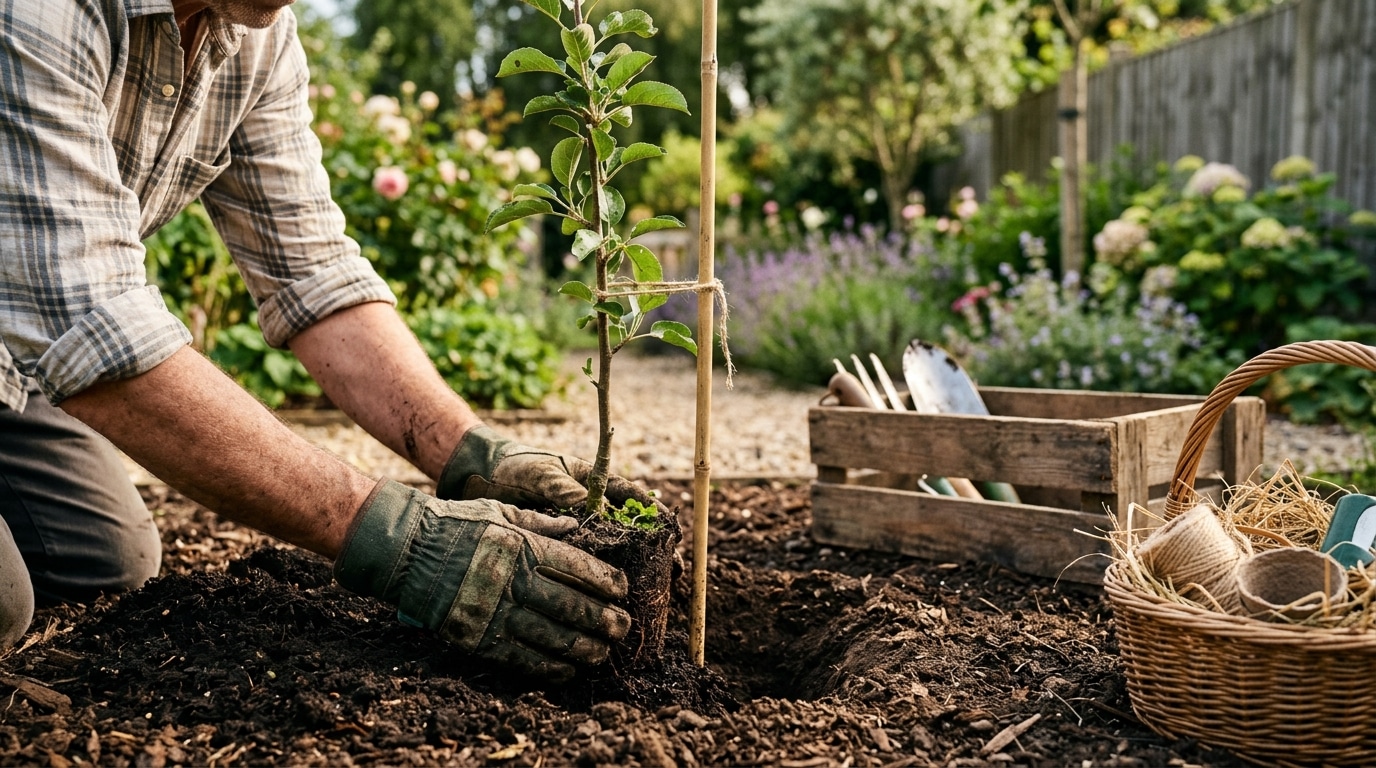 Mains de jardinier plantant un jeune arbre fruitier