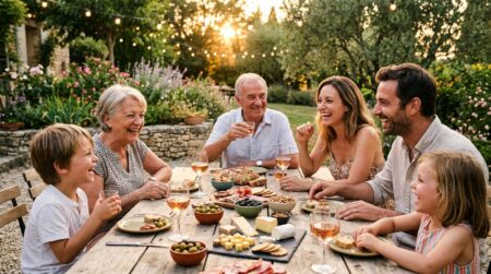 Famille française à l'apéritif d'été dans un jardin