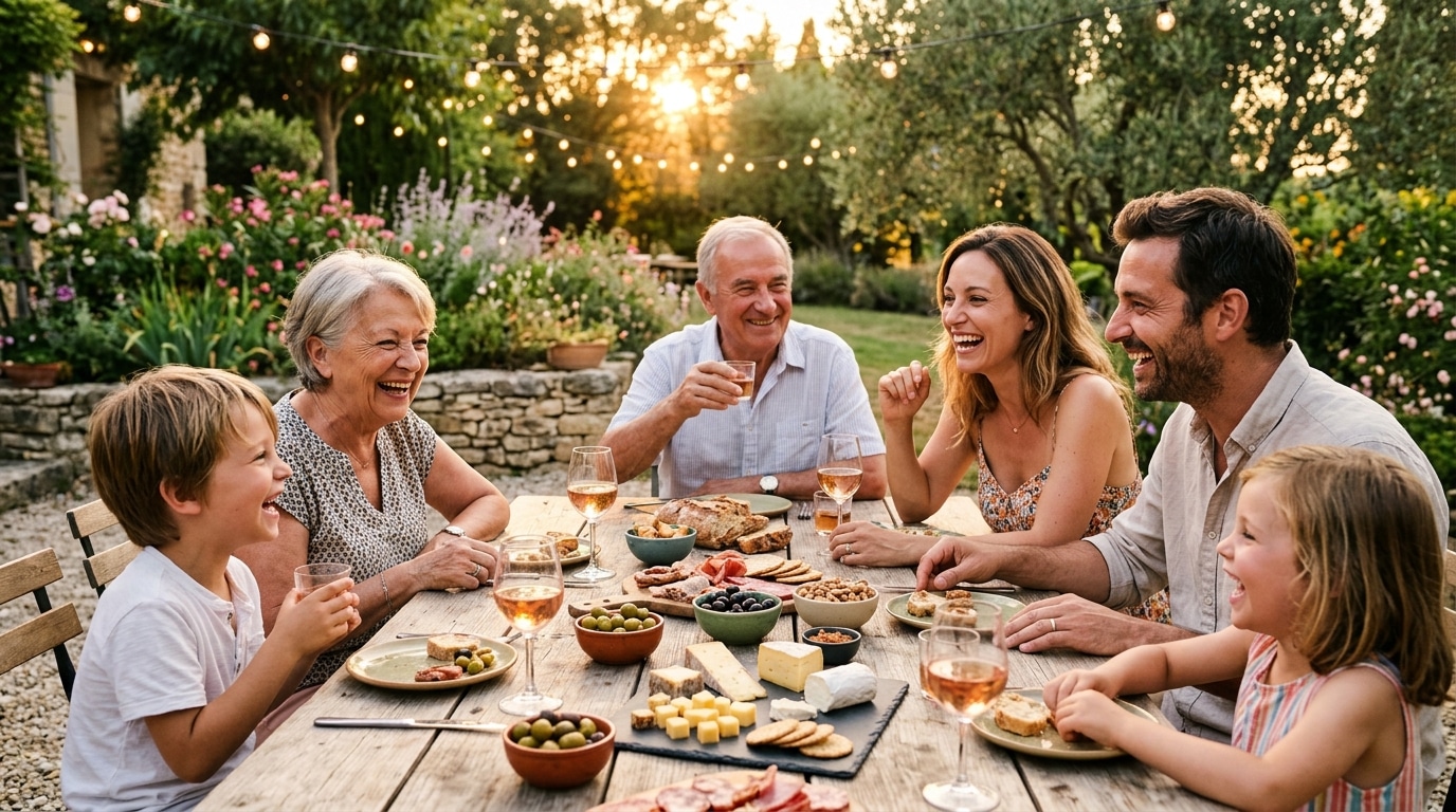 Famille française à l'apéritif d'été dans un jardin