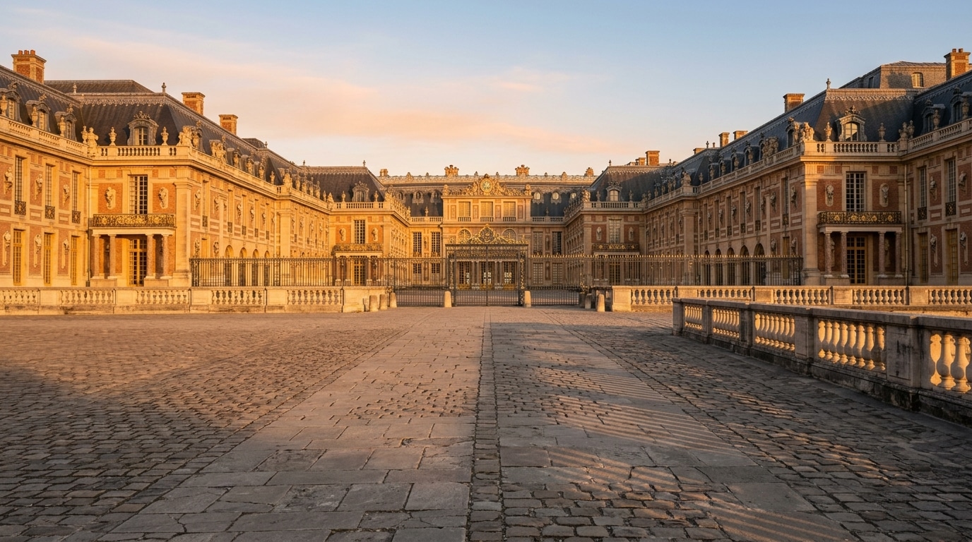 Cour d'un palais présidentiel à l'aube, lumière dorée du matin