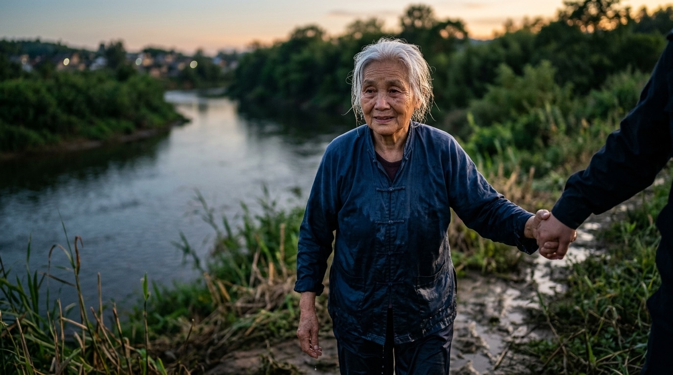 Femme âgée aux cheveux blancs trempée au bord d'une rivière