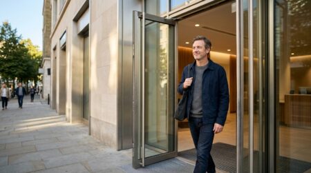 Client souriant entrant dans une agence bancaire un samedi