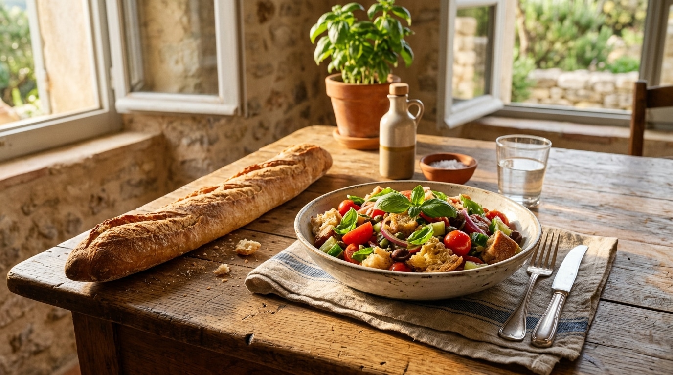 Panzanella de pain rassis et tomates sur table rustique