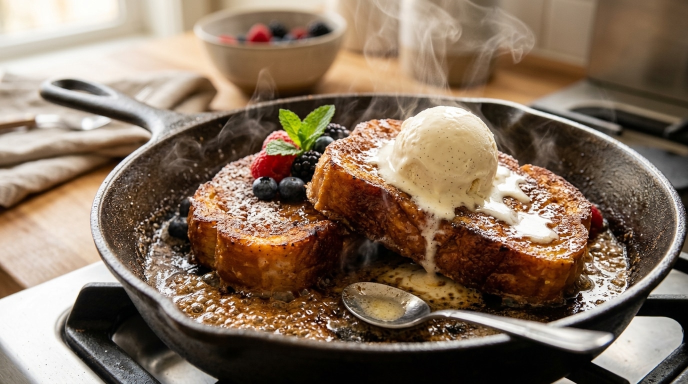Pain perdu doré nappé de glace vanille fondante