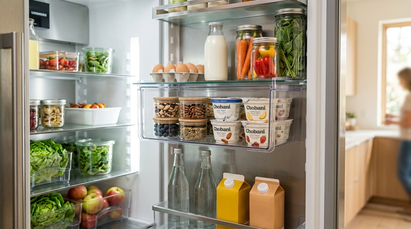 Boîte transparente suspendue sous étagère de frigo
