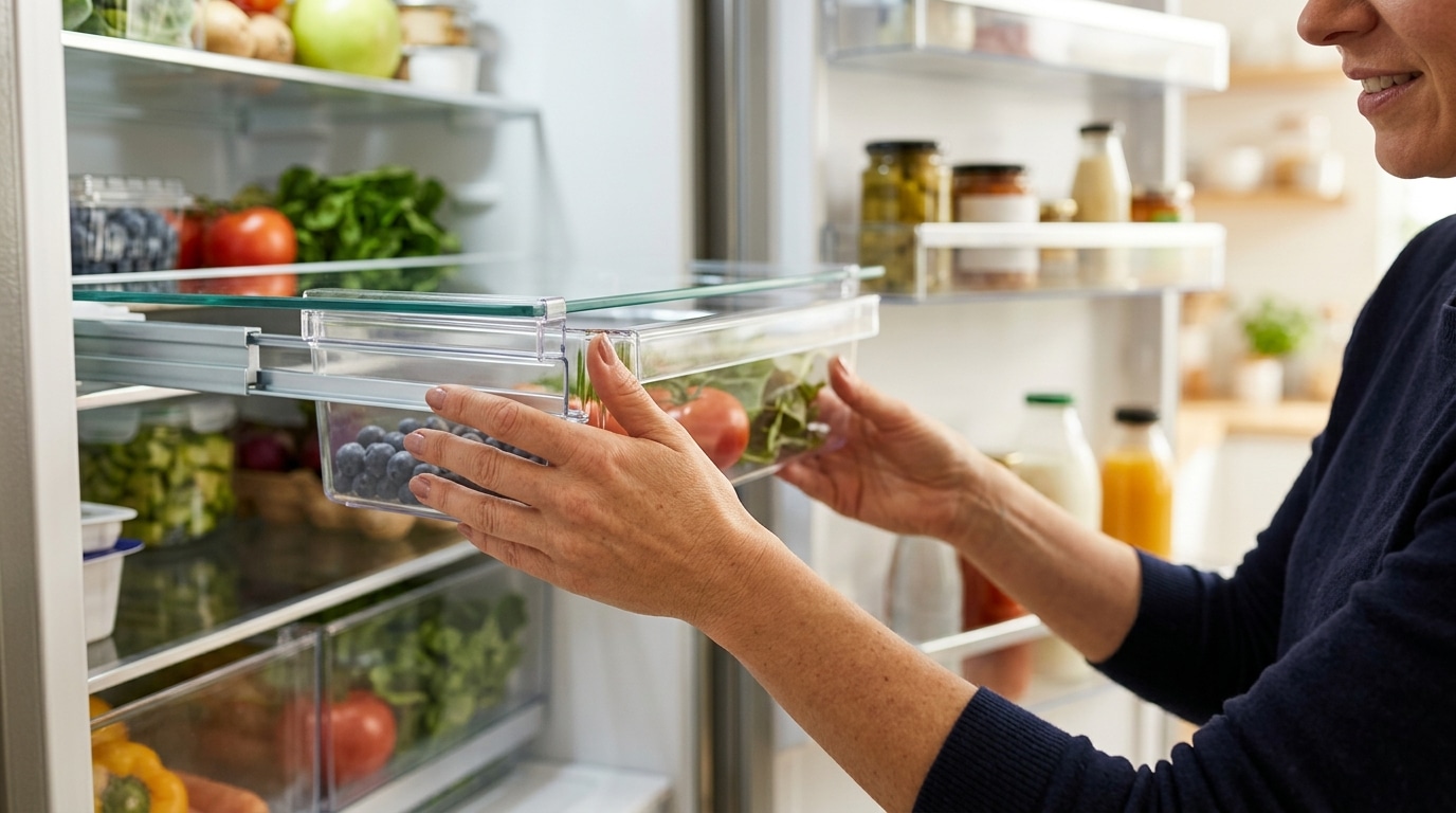 Mains fixant une boîte de rangement sous une clayette