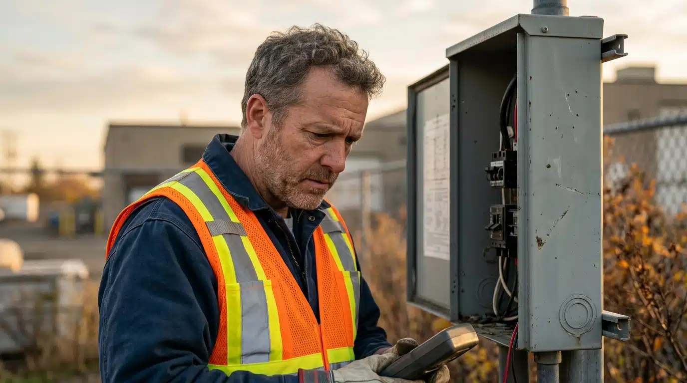 Technicien du secteur énergie inquiet devant un poste électrique