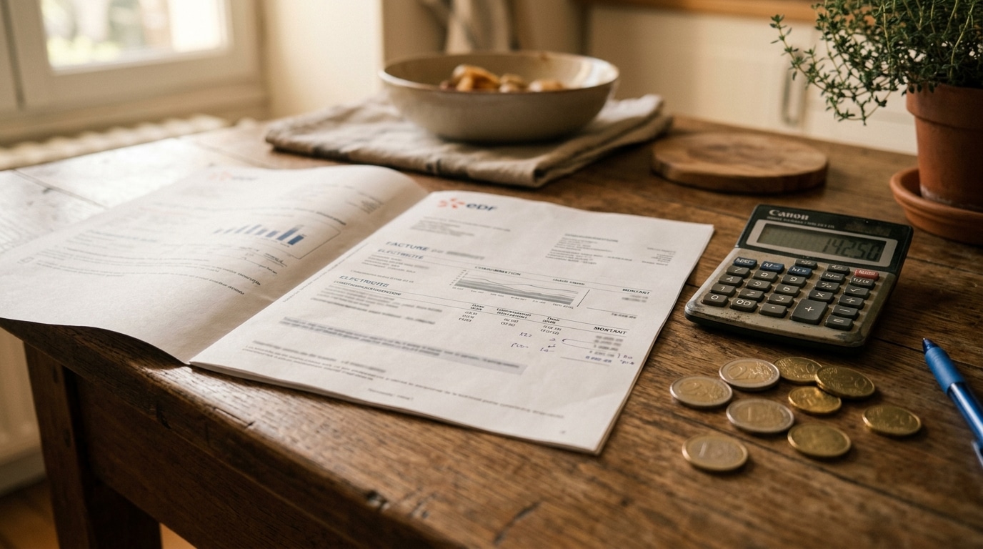 Facture d'énergie posée sur une table avec calculatrice