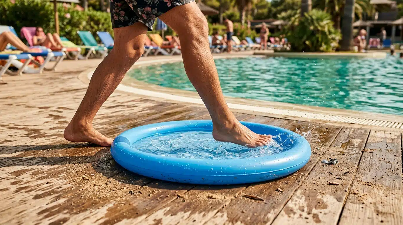 Pieds nus trempant dans un pédiluve gonflable extérieur