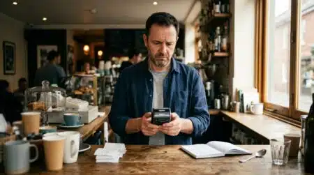 Restaurateur inquiet tenant un terminal de paiement