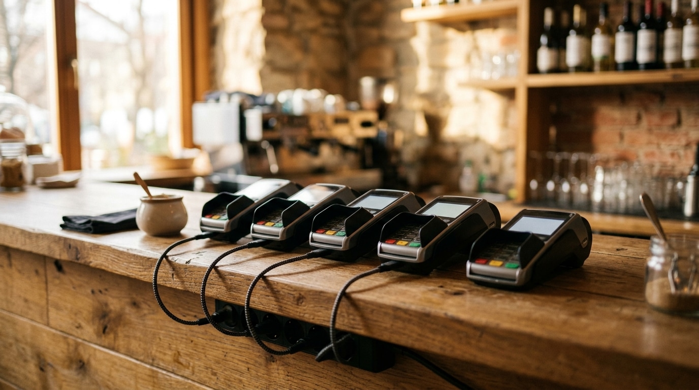 Plusieurs terminaux de paiement alignés sur un comptoir