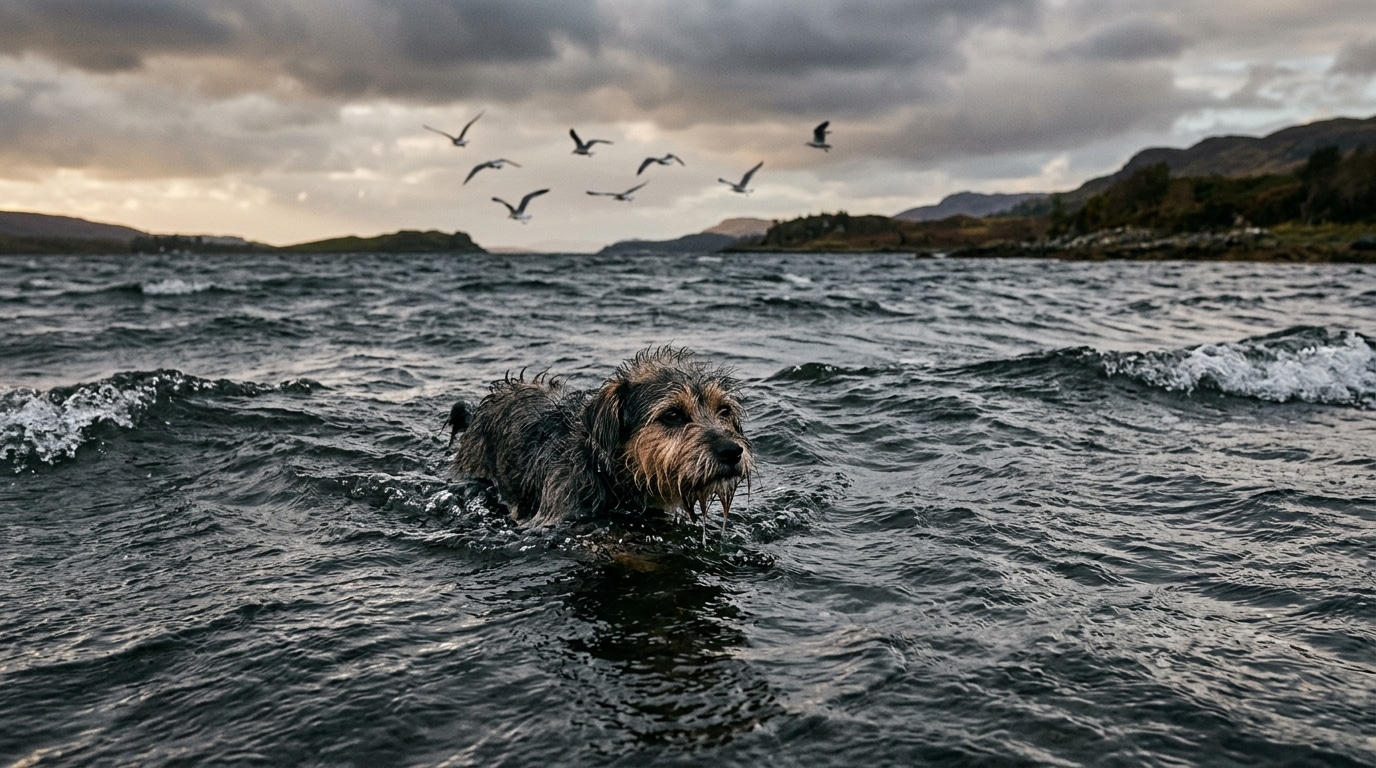 Petit chien épuisé nageant seul dans une baie