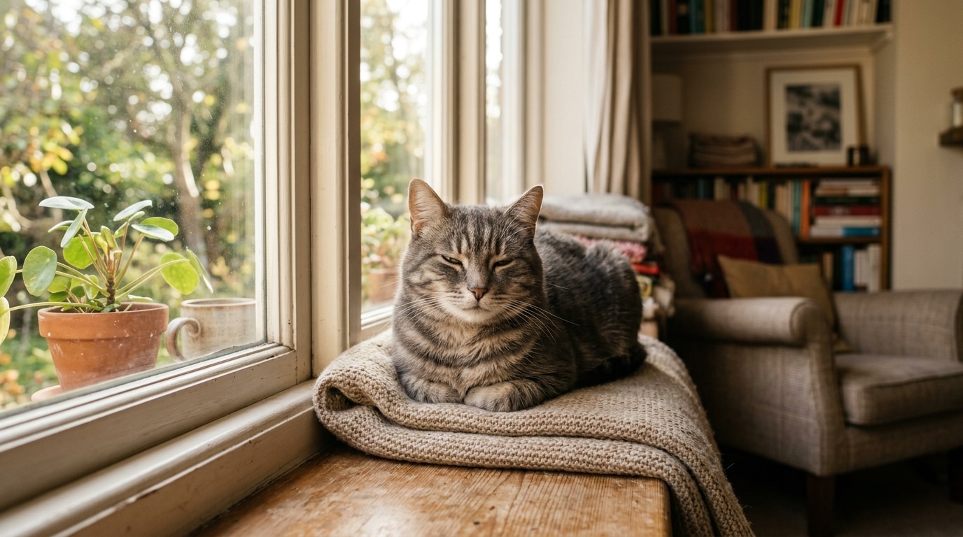 Chat aux yeux mi-clos posé sur un rebord de fenêtre