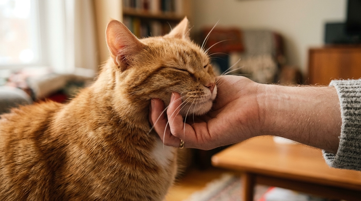 Chat frottant sa tête contre une main ouverte