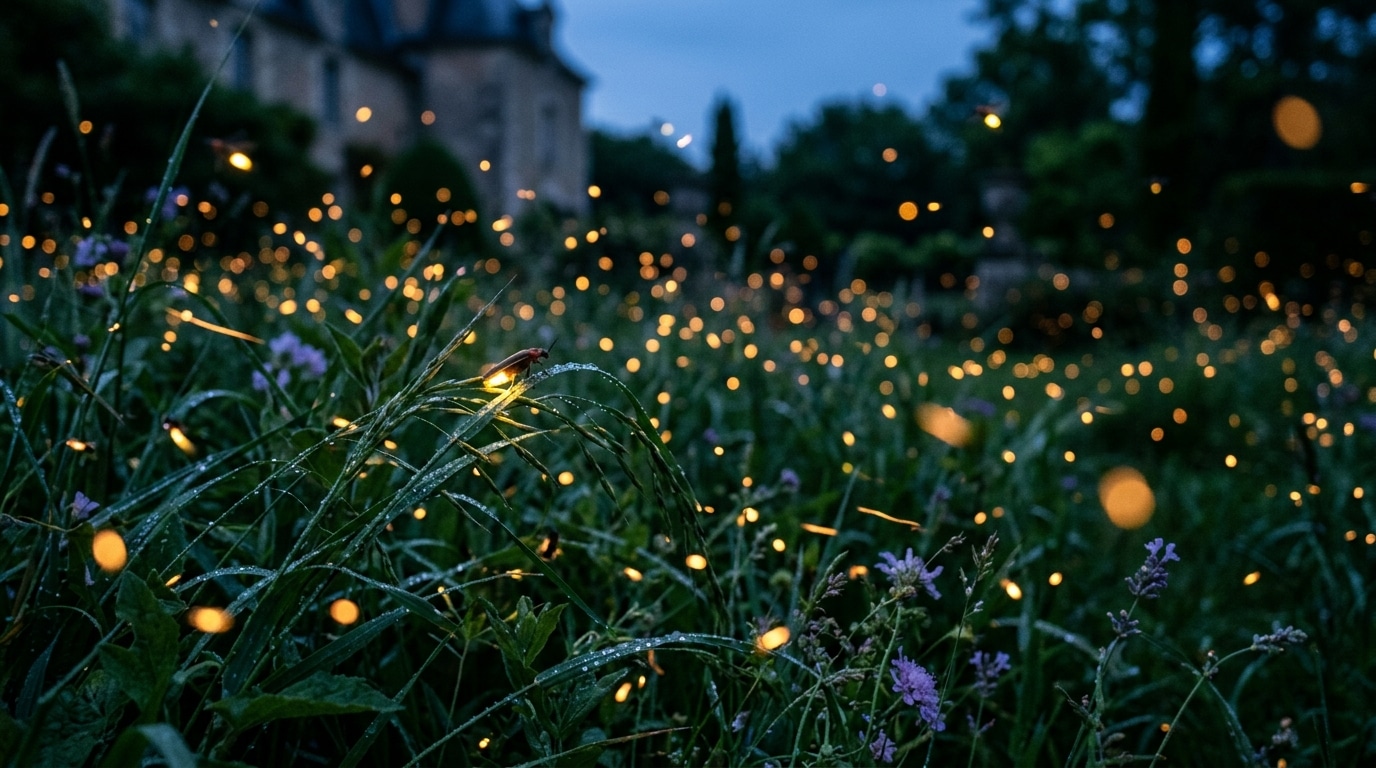 Points lumineux de vers luisants dans l'herbe au crépuscule