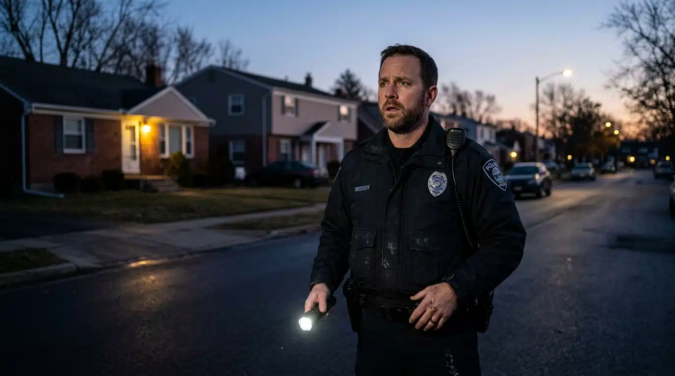 Policier bouleversé dans une rue à l'aube