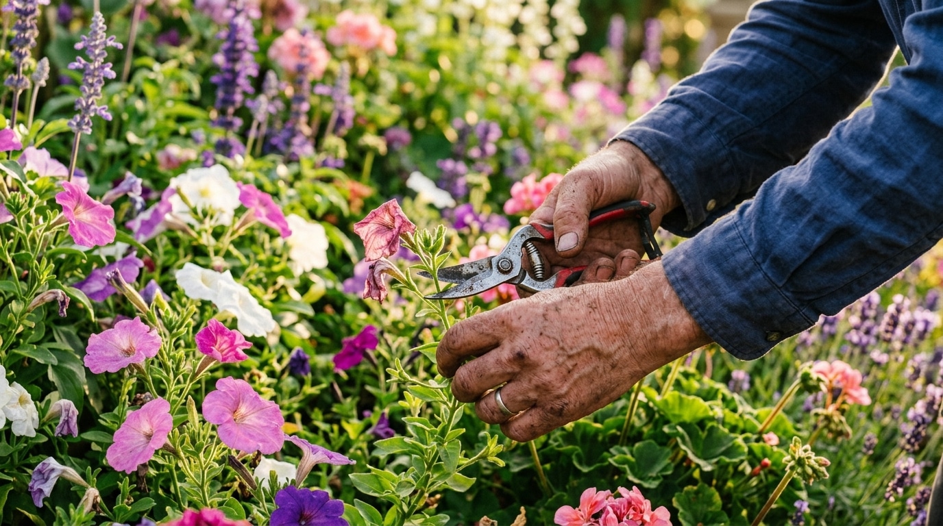 Main coupant une fleur fanée au sécateur