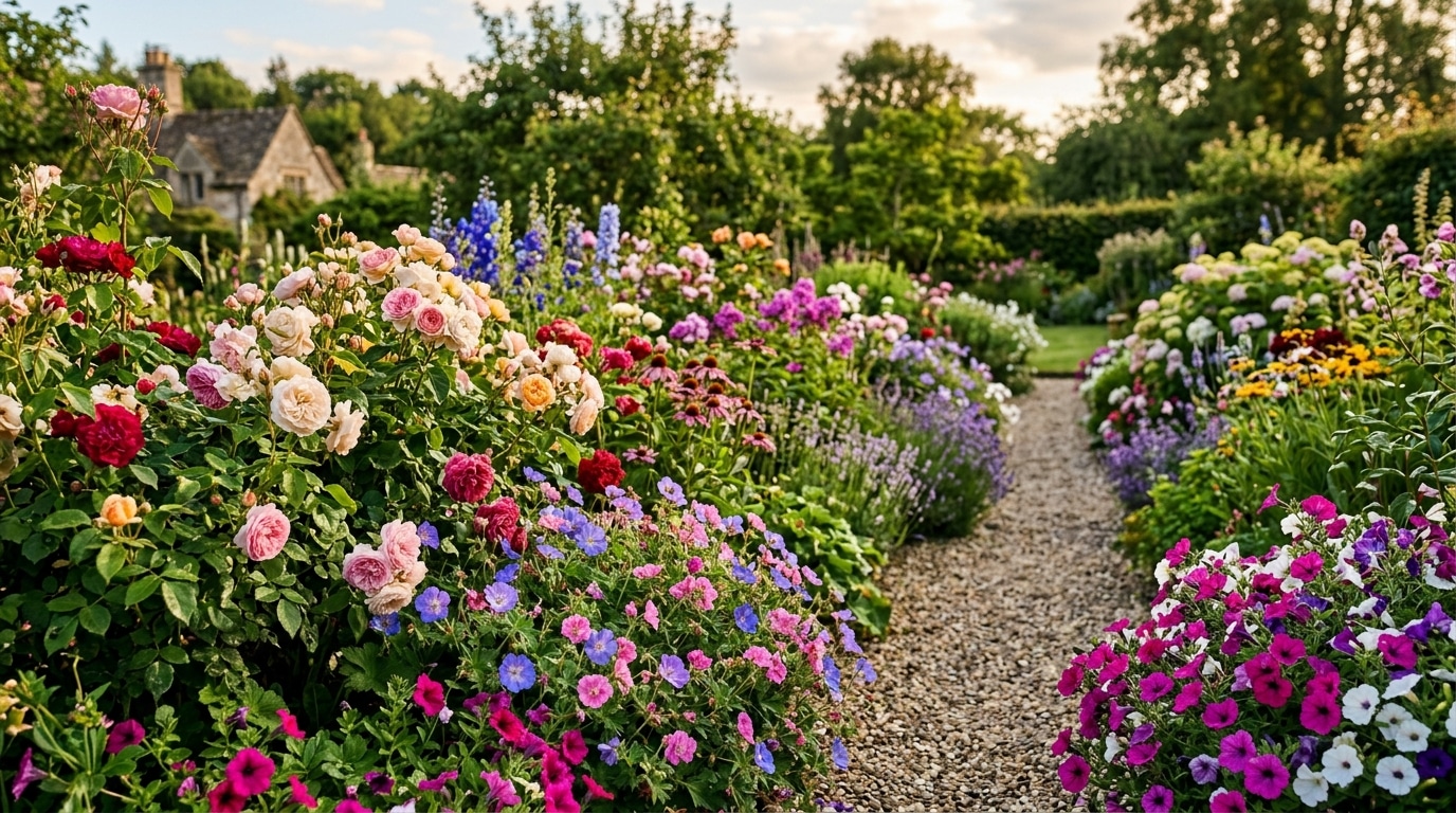 Bordure de jardin fleurie en fin d'été