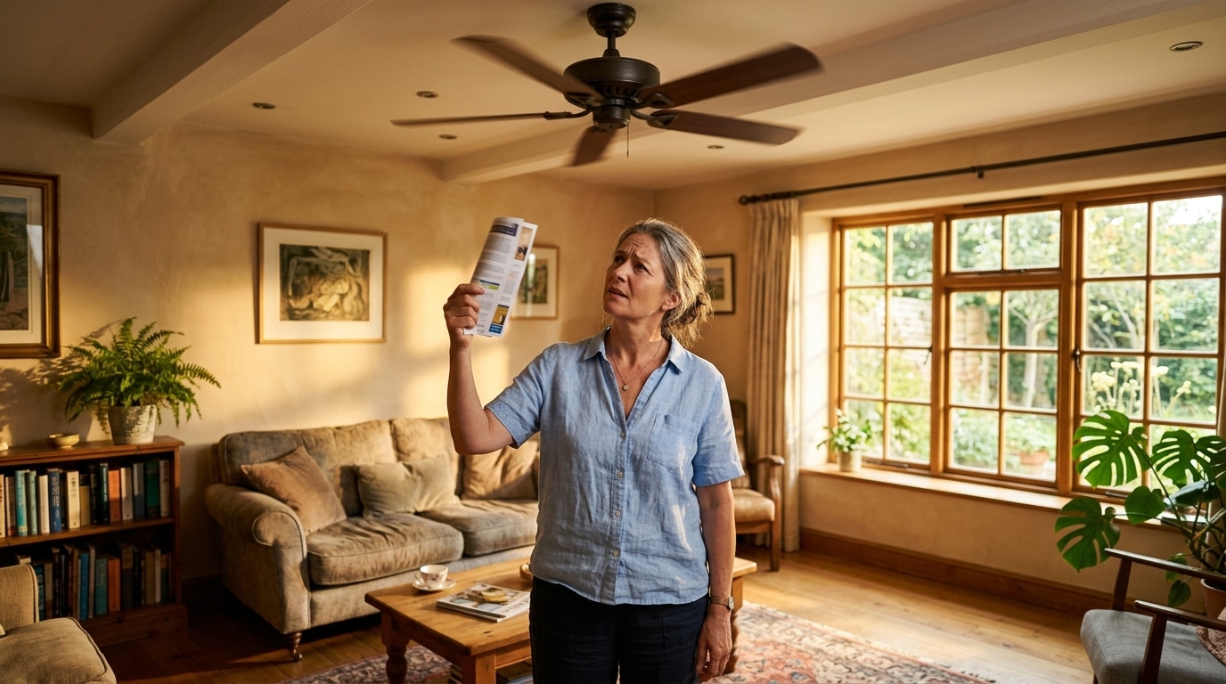 Femme regardant son ventilateur de plafond en été