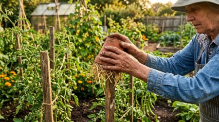 Pot en terre cuite retourné sur un piquet au potager