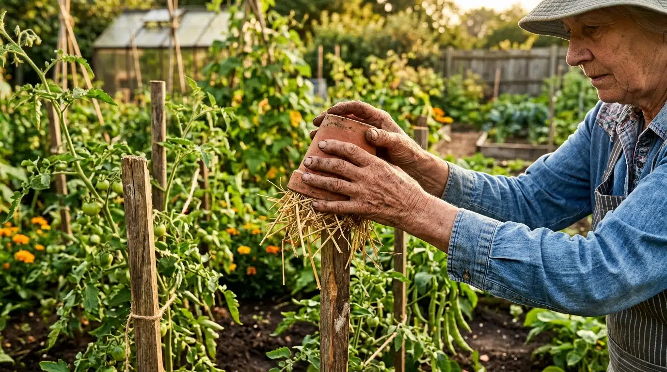 Pot en terre cuite retourné sur un piquet au potager