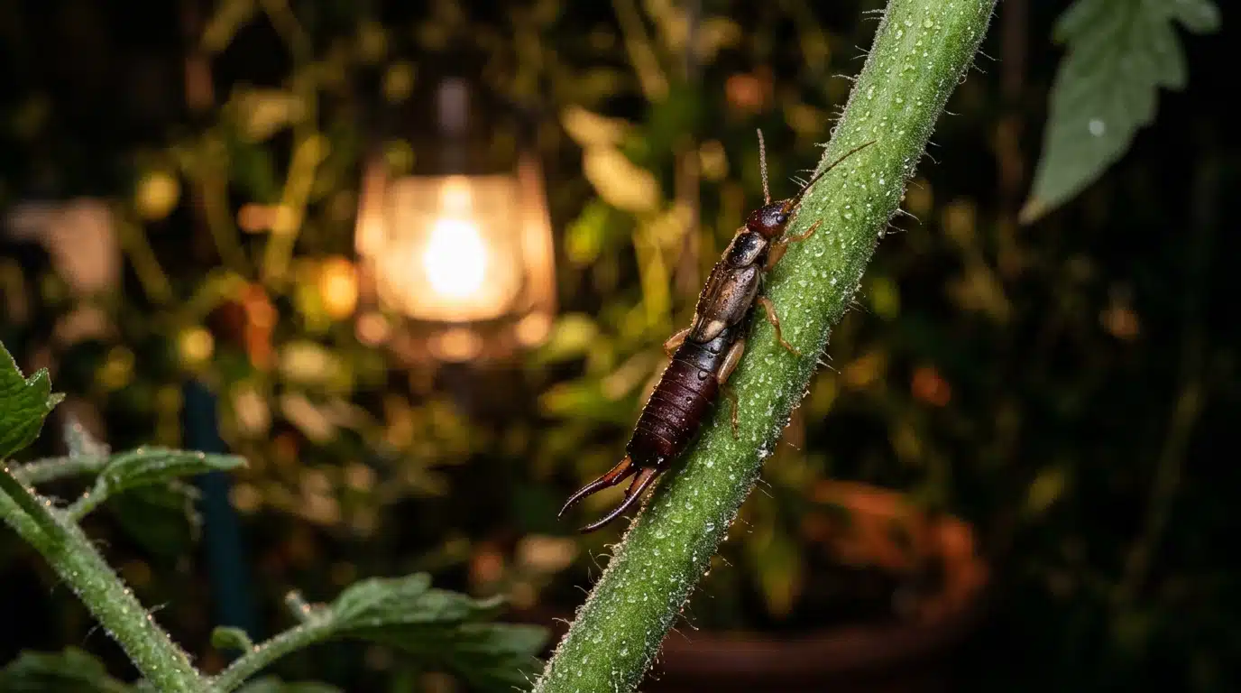 Perce-oreille sur une tige de tomate la nuit