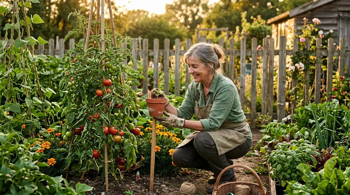 Jardinière examinant un abri à perce-oreilles au potager
