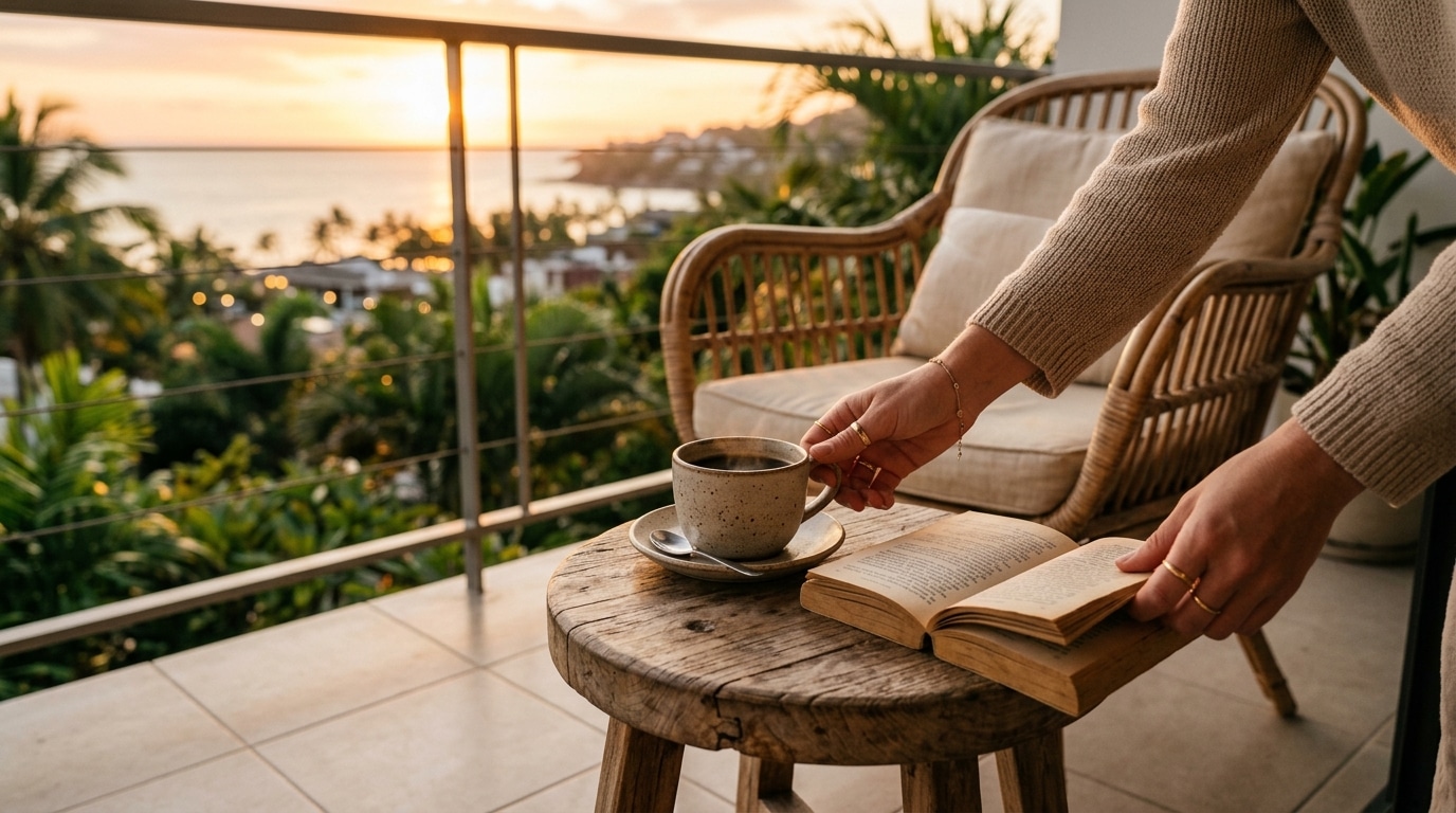 Tabouret déco avec livre et tasse de café sur balcon