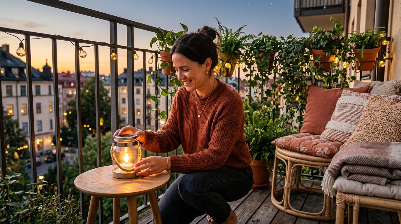 Lanterne solaire allumée sur balcon aménagé le soir