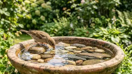 Bain d'oiseaux avec galets créant différentes profondeurs d'eau