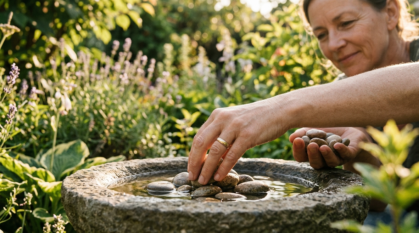 Main déposant des cailloux dans un bassin de jardin ensoleillé