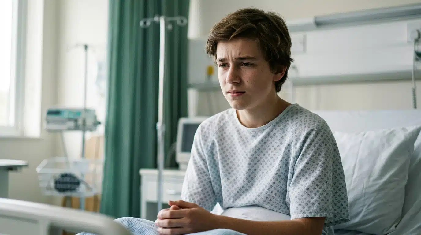 Adolescent alité à l'hôpital après une opération intestinale