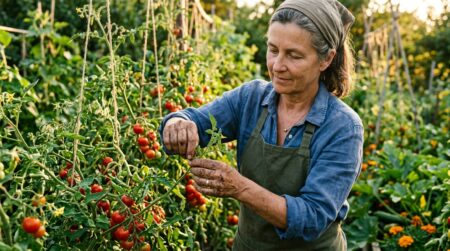 Jardinier cueillant une tomate en pinçant la tige
