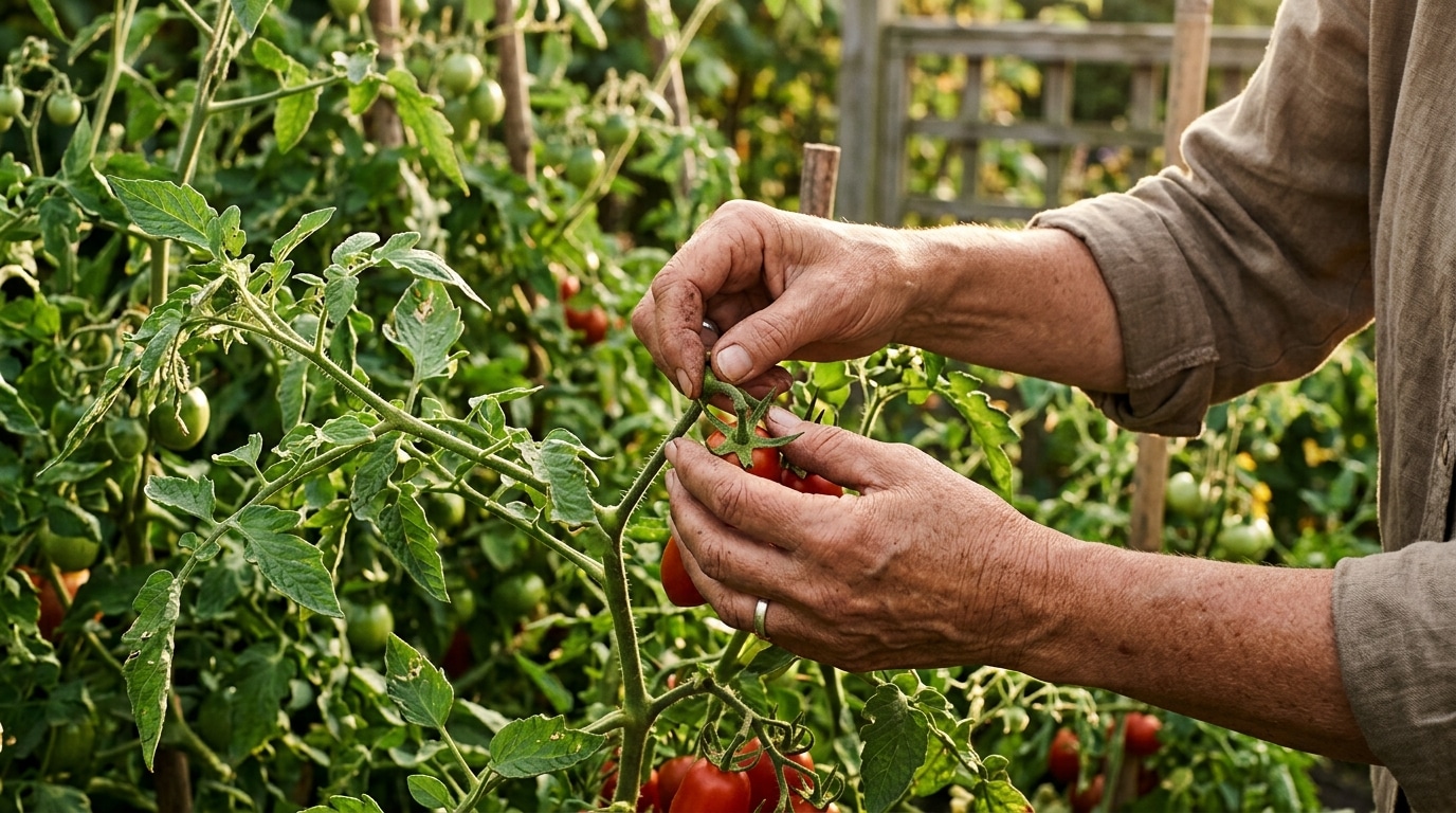Main pliant la tige d'une tomate au point précis