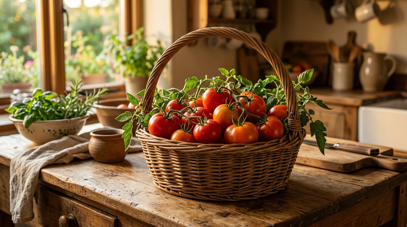 Panier de tomates fraîches avec tige et calice intacts