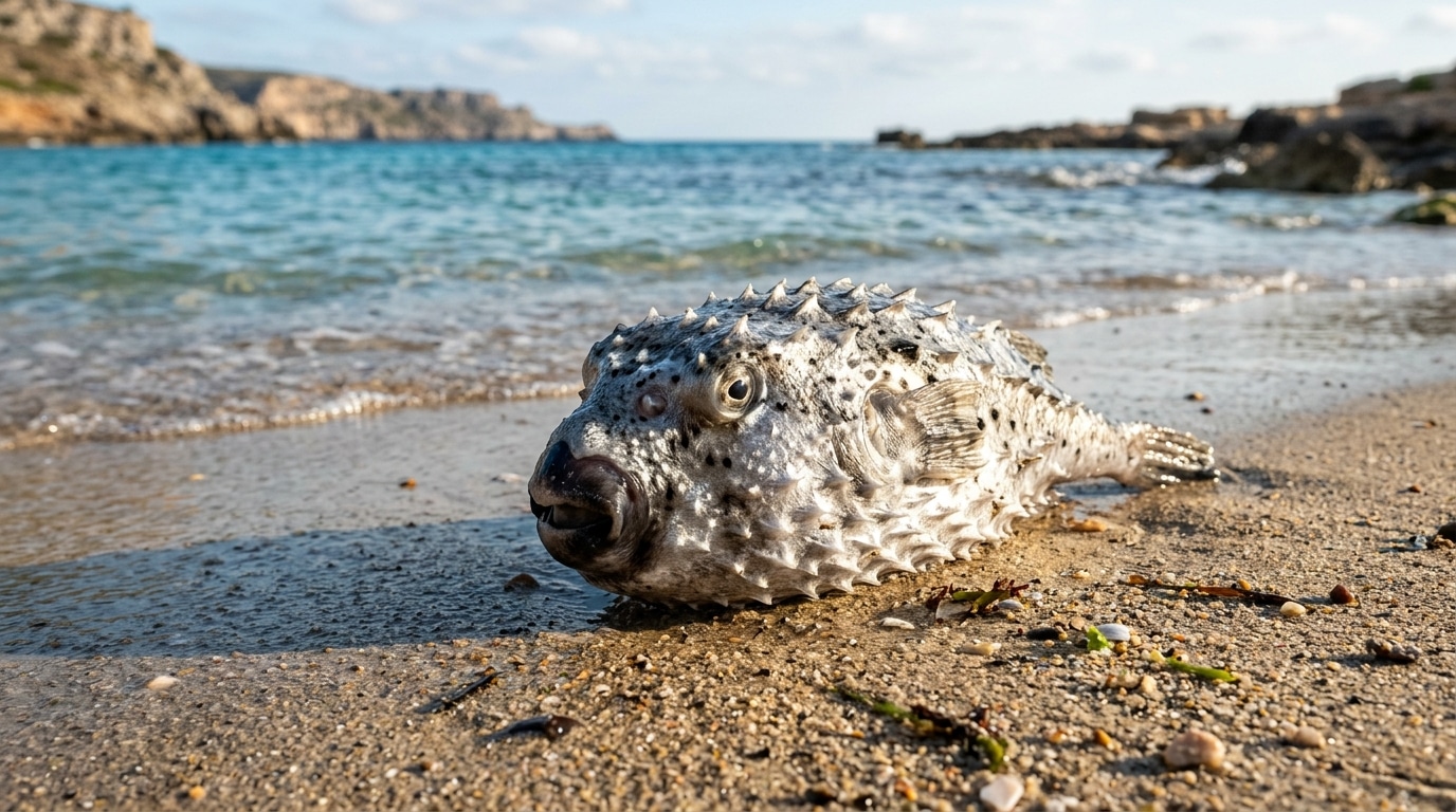 Poisson-lapin venimeux échoué près de l'eau turquoise