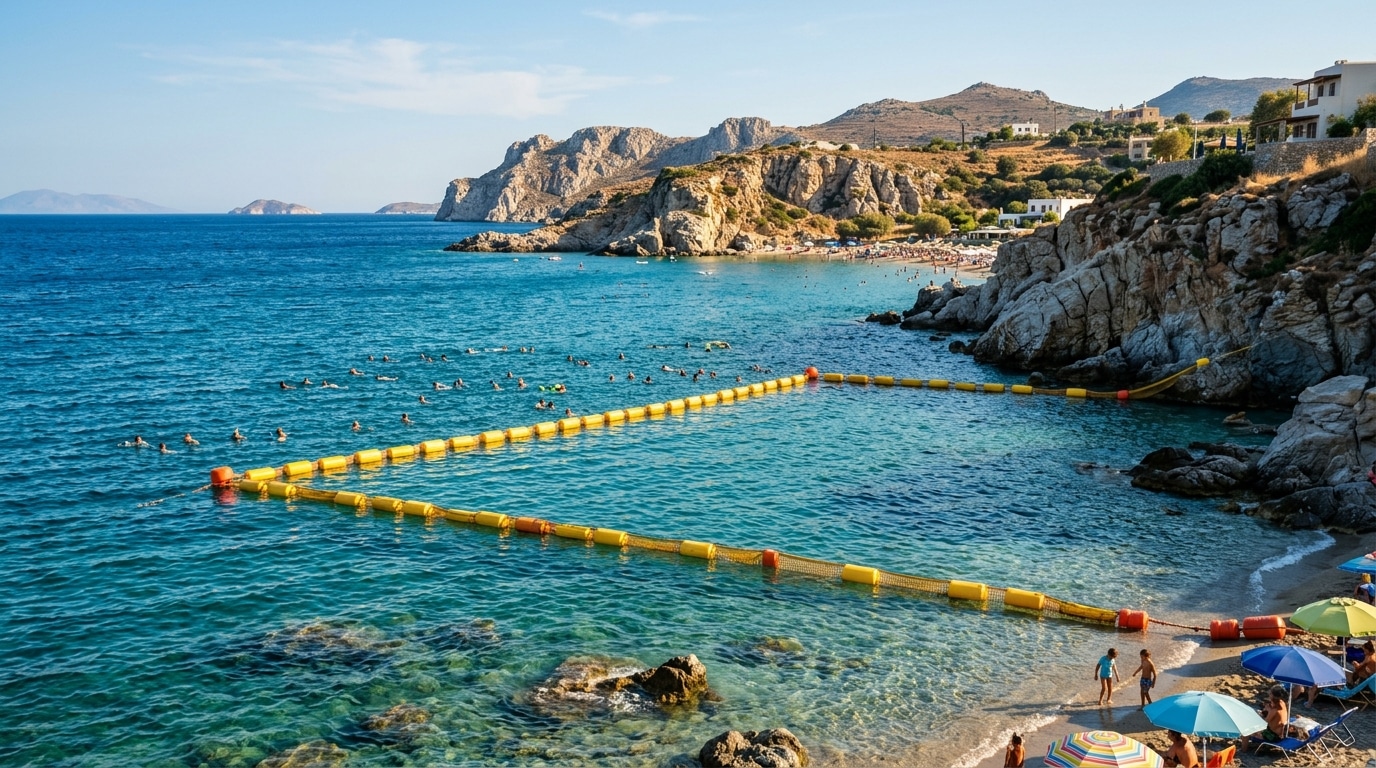 Barrière flottante installée dans une mer grecque