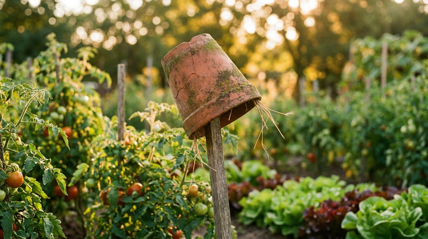 Pot en terre cuite retourné sur un piquet au potager