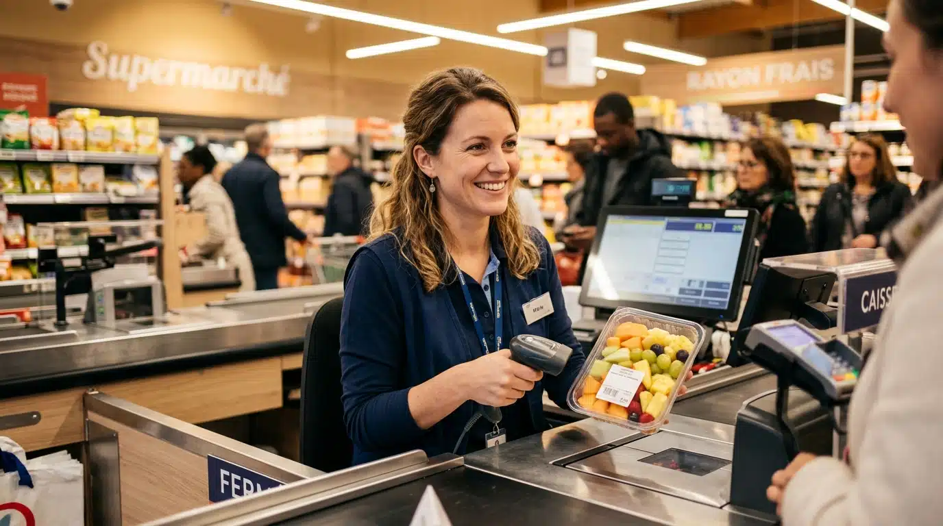 Caissière souriante scannant une barquette de fruits coupés