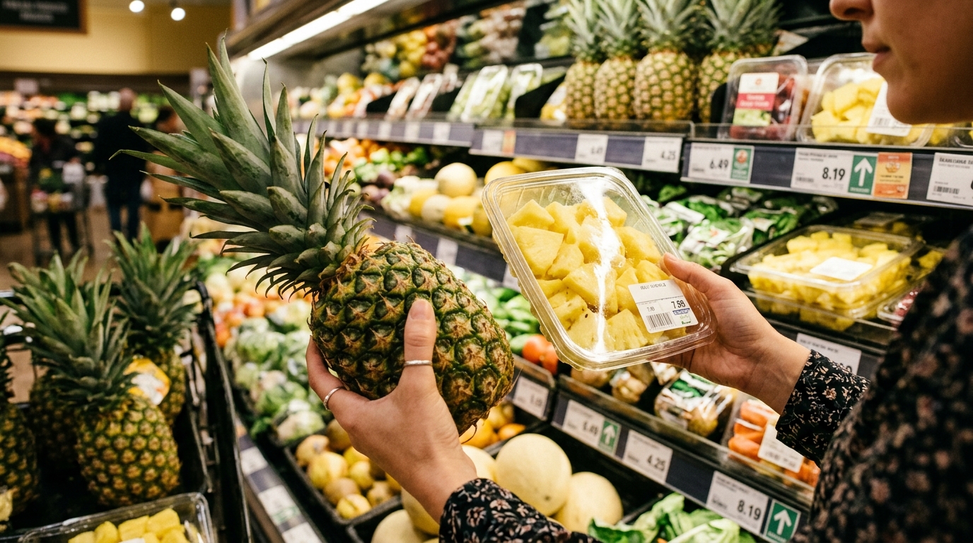 Comparaison entre ananas entier et ananas déjà découpé