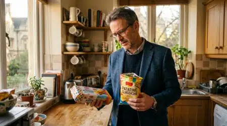 Professeur tenant des gâteaux industriels et des chips