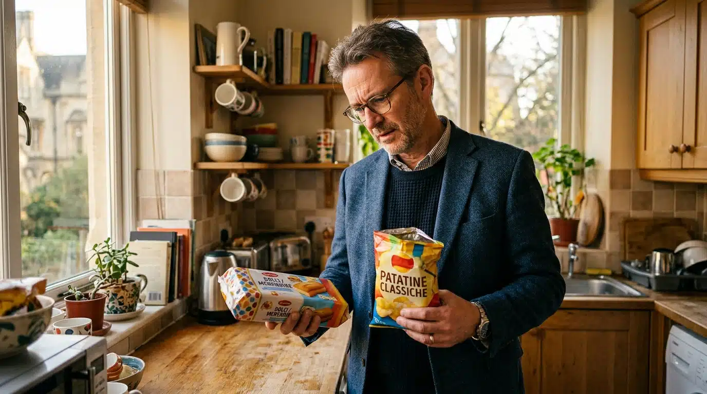 Professeur tenant des gâteaux industriels et des chips