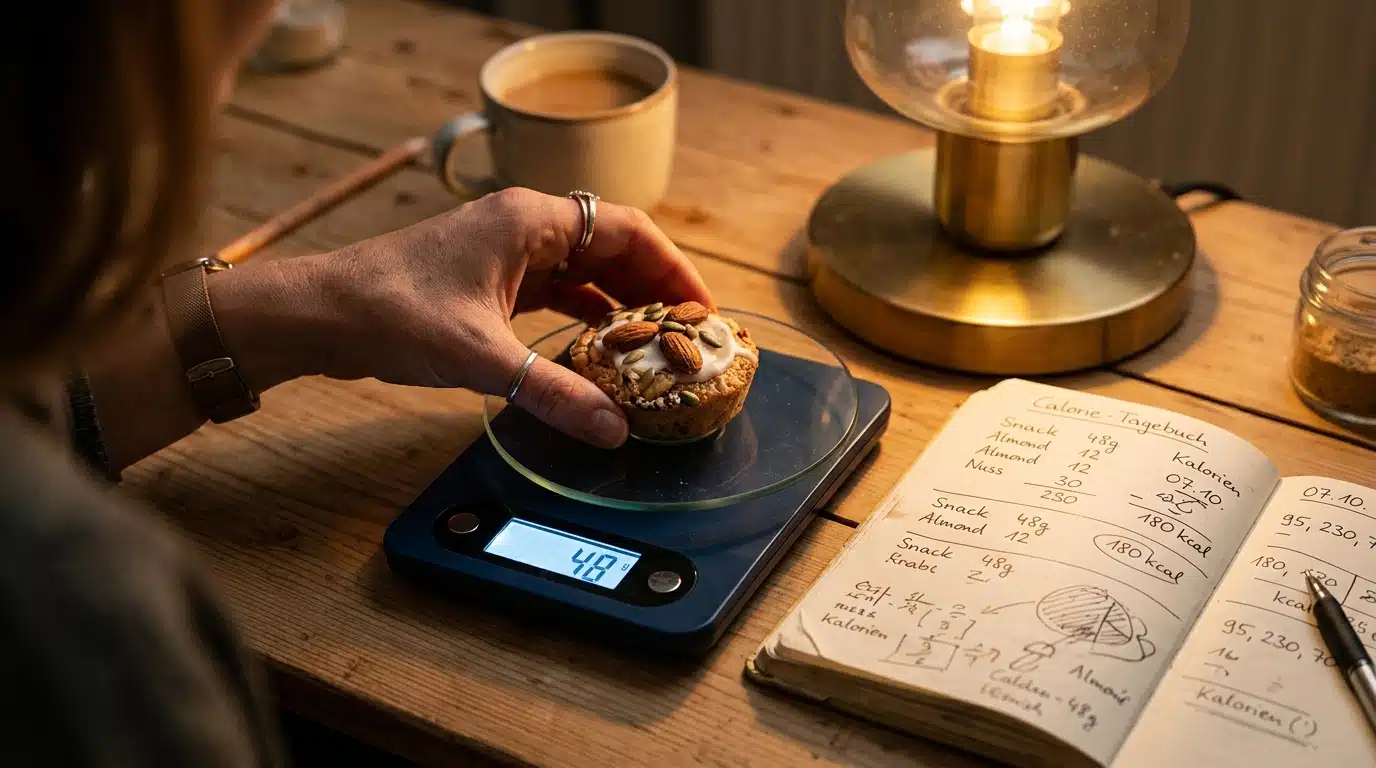 Snack pesé sur une balance avec carnet de calories