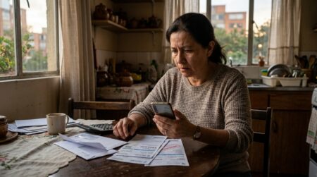Femme inquiète face à des factures impayées
