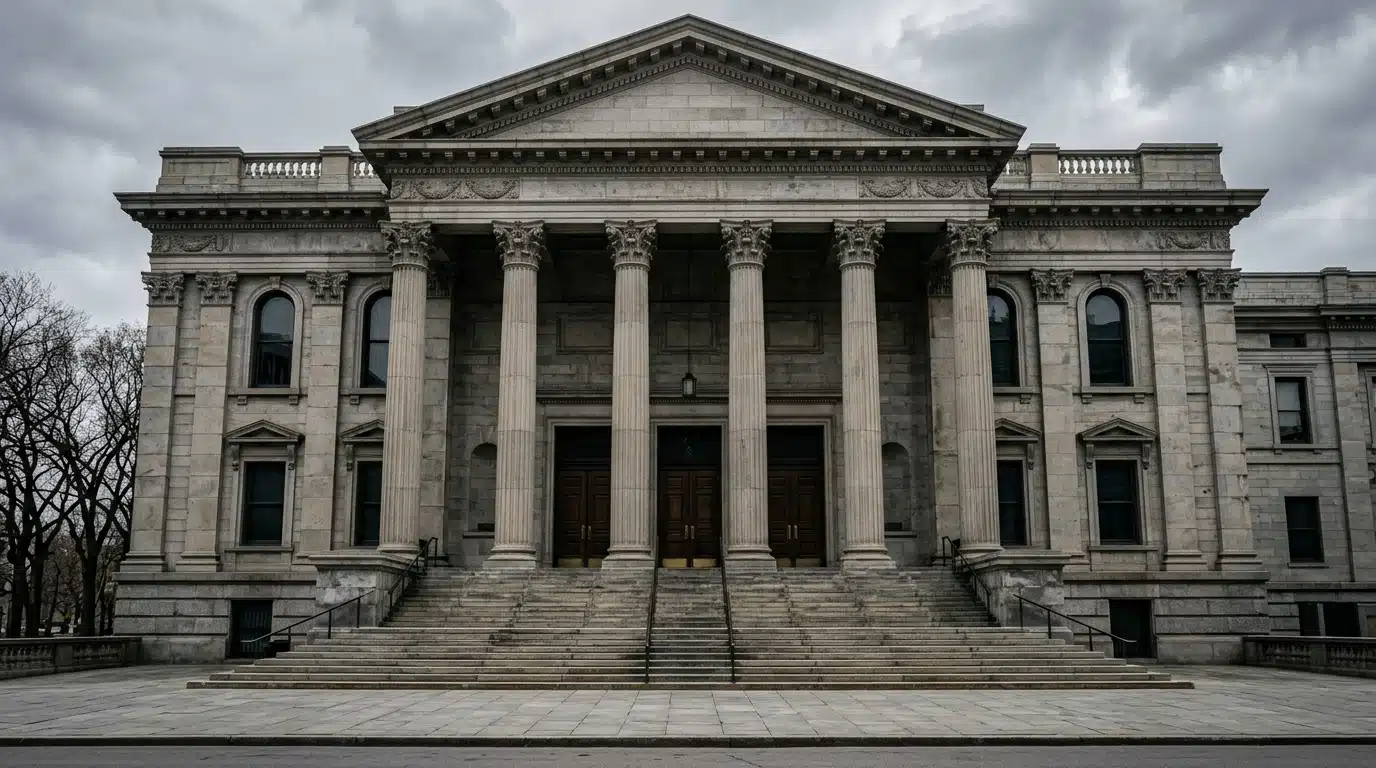 Façade d'un tribunal fédéral sous ciel gris