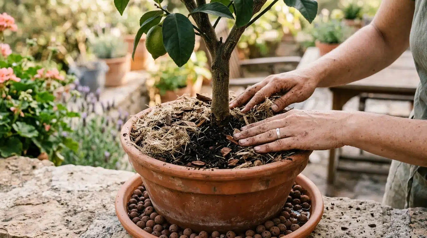 Paillage organique autour d'un citronnier en pot