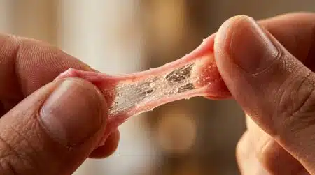 Chewing-gum étiré entre deux doigts sous la lumière