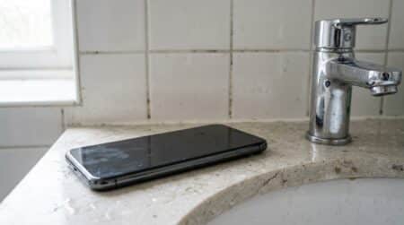Smartphone posé sur un lavabo de salle de bain carrelée