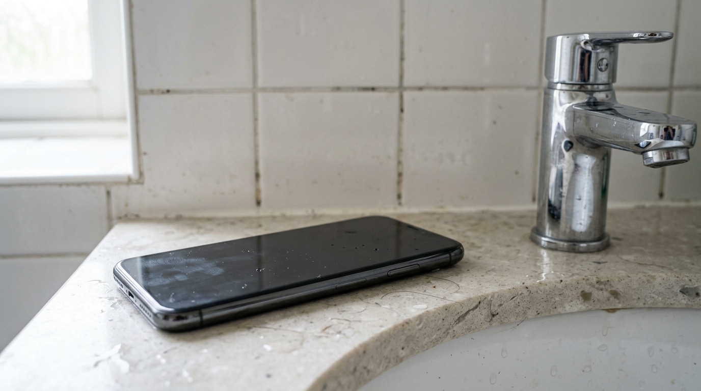 Smartphone posé sur un lavabo de salle de bain carrelée
